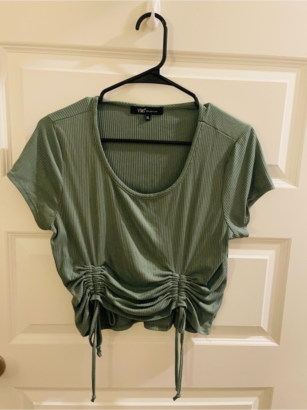 YMI Olive Green Ribbed Drawstring Crop Tee